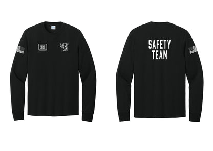 NYC Factory Custom Logo Safety Team Cotton Long Sleeve T-Shirt (Classic) - SAFETY TEAM + Your Logo + Back + US Flag Sleeve - Black