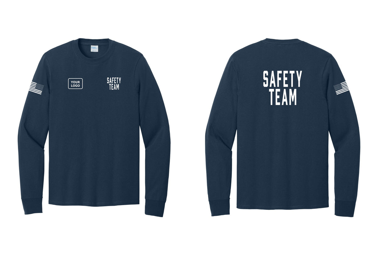NYC Factory Custom Logo Safety Team Cotton Long Sleeve T-Shirt (Classic) - SAFETY TEAM + Your Logo + Back + US Flag Sleeve - Navy