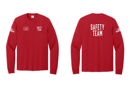 NYC Factory Custom Logo Safety Team Cotton Long Sleeve T-Shirt (Classic) - SAFETY TEAM + Your Logo + Back + US Flag Sleeve - Red