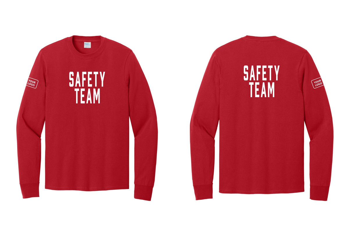 NYC Factory Custom Logo Safety Team Cotton Long Sleeve T-Shirt (Classic) - Front + Back + Your Logo Sleeve - Red