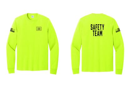 NYC Factory Custom Logo Safety Team Cotton Long Sleeve T-Shirt (Classic) - Your Logo + Back + US Flag Sleeve - Safety Green
