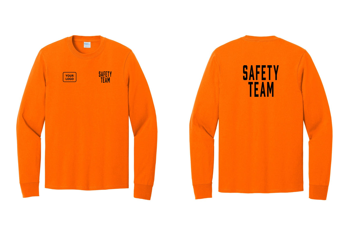 NYC Factory Custom Logo Safety Team Cotton Long Sleeve T-Shirt (Classic) - SAFETY TEAM + Your Logo + Back - Safety Orange