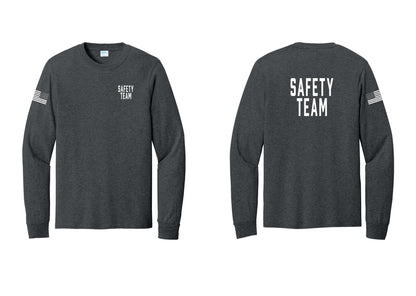 NYC Factory Safety Team Cotton Long Sleeve T-Shirt (Classic) - Chest + Back + US Flag Sleeve - Dark Heather Grey