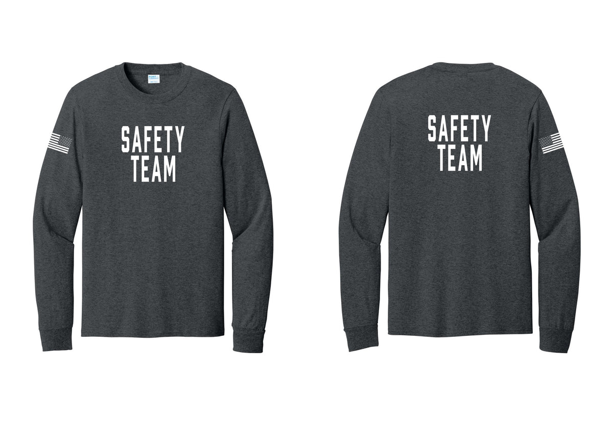 NYC Factory Safety Team Cotton Long Sleeve T-Shirt (Classic) - Front + Back + US Flag Sleeve - Dark Heather Grey