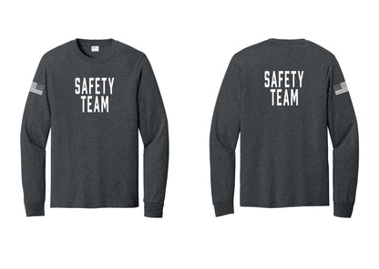 NYC Factory Safety Team Cotton Long Sleeve T-Shirt (Classic) - Front + Back + US Flag Sleeve - Dark Heather Grey