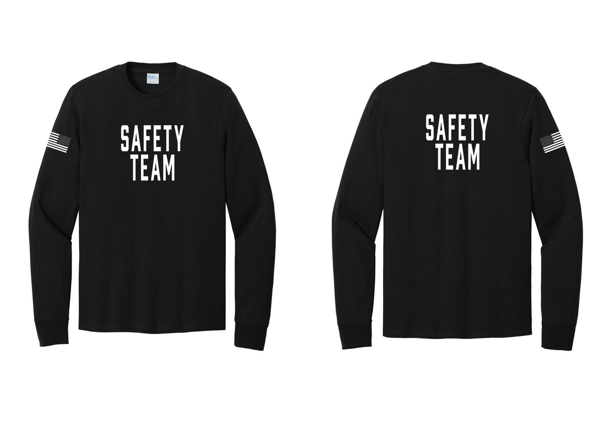 NYC Factory Safety Team Cotton Long Sleeve T-Shirt (Classic) - Front + Back + US Flag Sleeve - Black