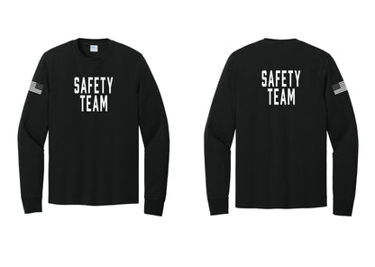 NYC Factory Safety Team Cotton Long Sleeve T-Shirt (Classic) - Front + Back + US Flag Sleeve - Black