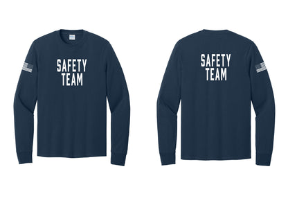 NYC Factory Safety Team Cotton Long Sleeve T-Shirt (Classic) - Front + Back + US Flag Sleeve - Navy