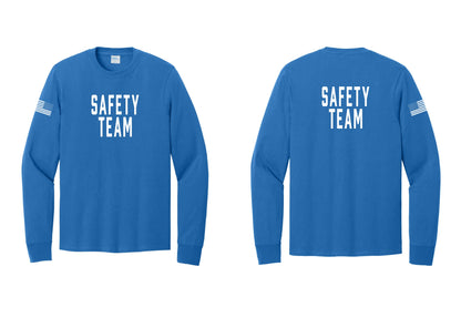 NYC Factory Safety Team Cotton Long Sleeve T-Shirt (Classic) - Front + Back + US Flag Sleeve - Royal