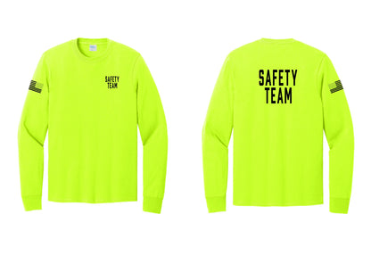 NYC Factory Safety Team Cotton Long Sleeve T-Shirt (Classic) - Chest + Back + US Flag Sleeve - Safety Green