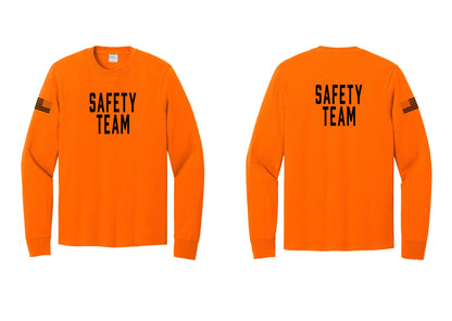 NYC Factory Safety Team Cotton Long Sleeve T-Shirt (Classic) - Front + Back + US Flag Sleeve - Safety Orange