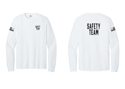 NYC Factory Safety Team Cotton Long Sleeve T-Shirt (Classic) - Chest + Back + US Flag Sleeve - White