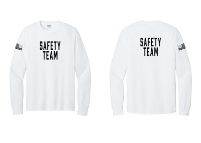 NYC Factory Safety Team Cotton Long Sleeve T-Shirt (Classic) - Front + Back + US Flag Sleeve - White
