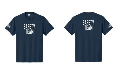 NYC Factory Safety Team T-Shirt for Events, Venues & Volunteers (Classic) - Front + Back + US Flag Sleeve - Navy