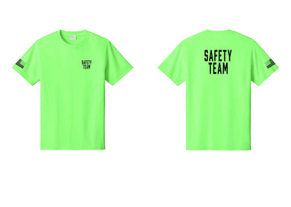 NYC Factory Safety Team T-Shirt for Events, Venues & Volunteers (Classic) - Chest + Back + US Flag Sleeve - Neon Green