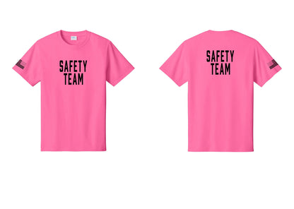 NYC Factory Safety Team T-Shirt for Events, Venues & Volunteers (Classic) - Front + Back + US Flag Sleeve - Neon Pink