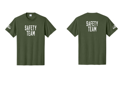 NYC Factory Safety Team T-Shirt for Events, Venues & Volunteers (Classic) - Front + Back + US Flag Sleeve - Olive