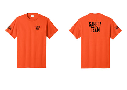NYC Factory Safety Team T-Shirt for Events, Venues & Volunteers (Classic) - Chest + Back + US Flag Sleeve - Orange