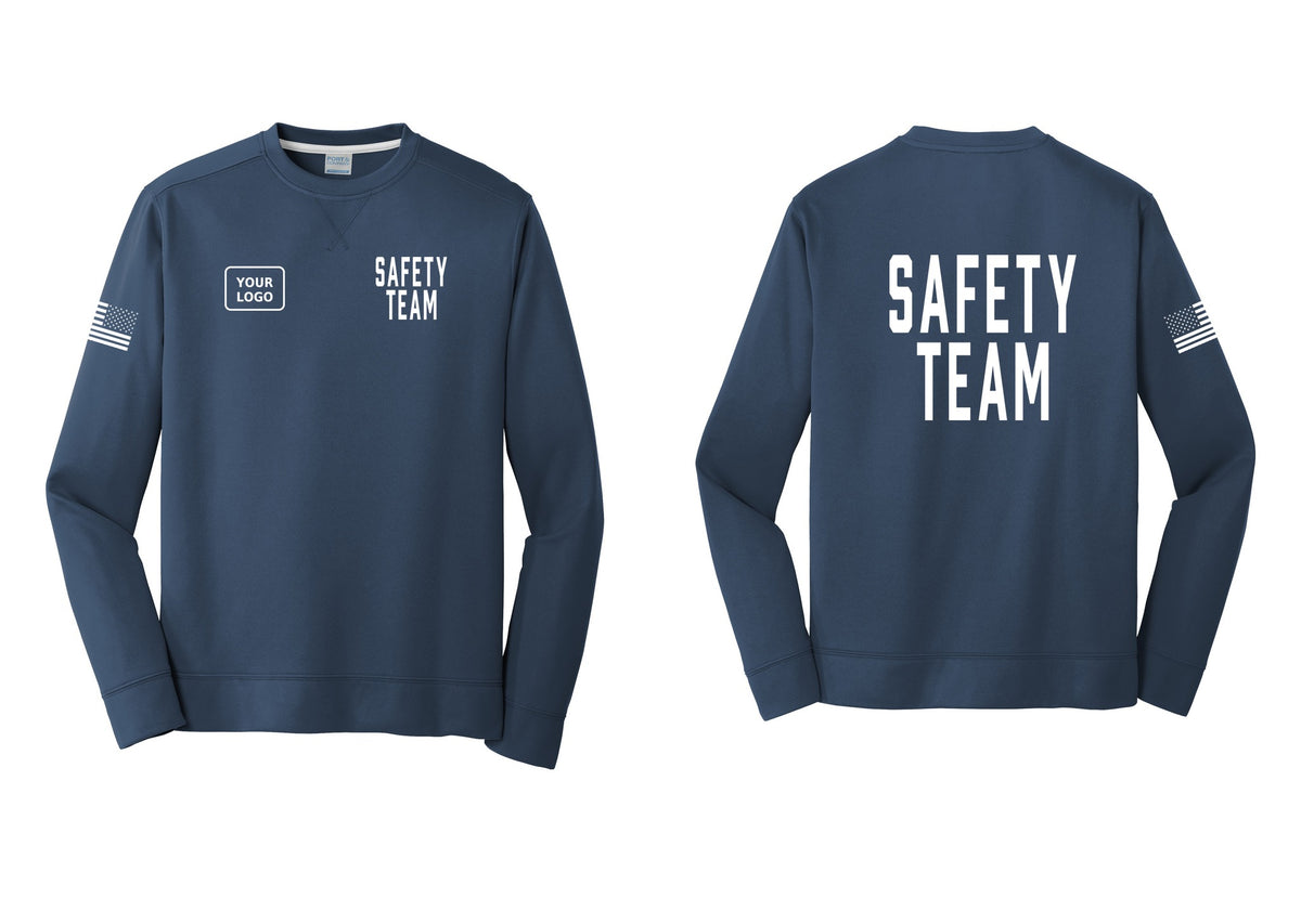 NYC Factory Custom Logo Safety Team Performance Fleece Crewneck Sweatshirt (Classic) - SAFETY TEAM + Your Logo + Back + US Flag Sleeve - Navy