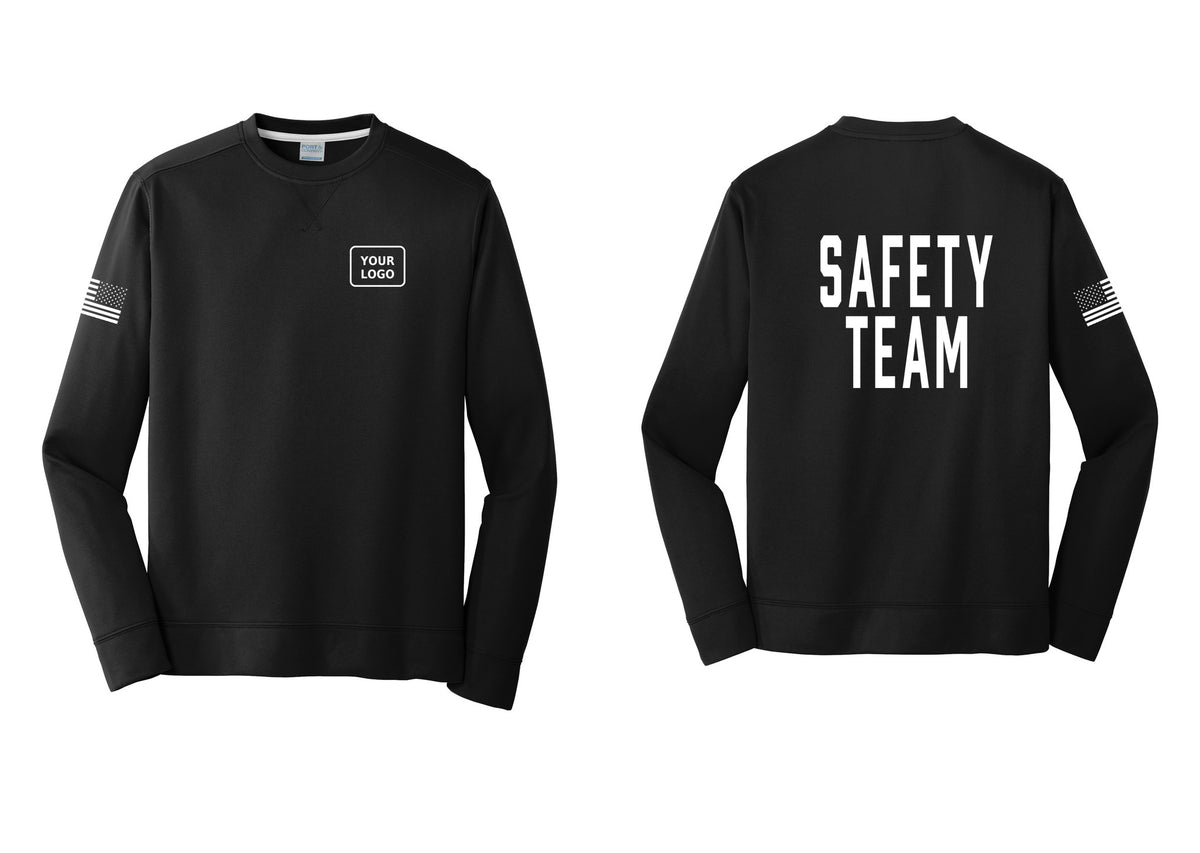 NYC Factory Custom Logo Safety Team Performance Fleece Crewneck Sweatshirt (Classic) - Your Logo + Back + US Flag Sleeve - Black