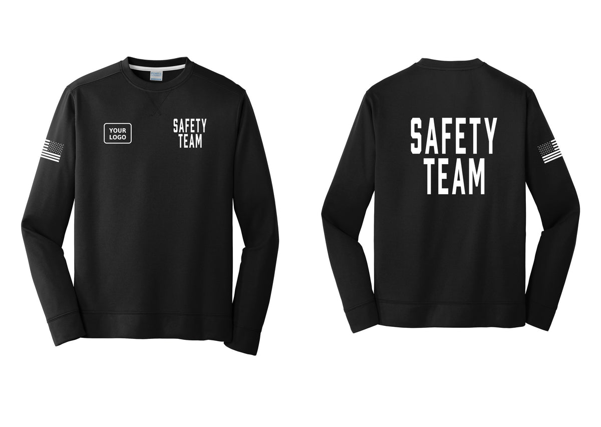 NYC Factory Custom Logo Safety Team Performance Fleece Crewneck Sweatshirt (Classic) - SAFETY TEAM + Your Logo + Back + US Flag Sleeve - Black