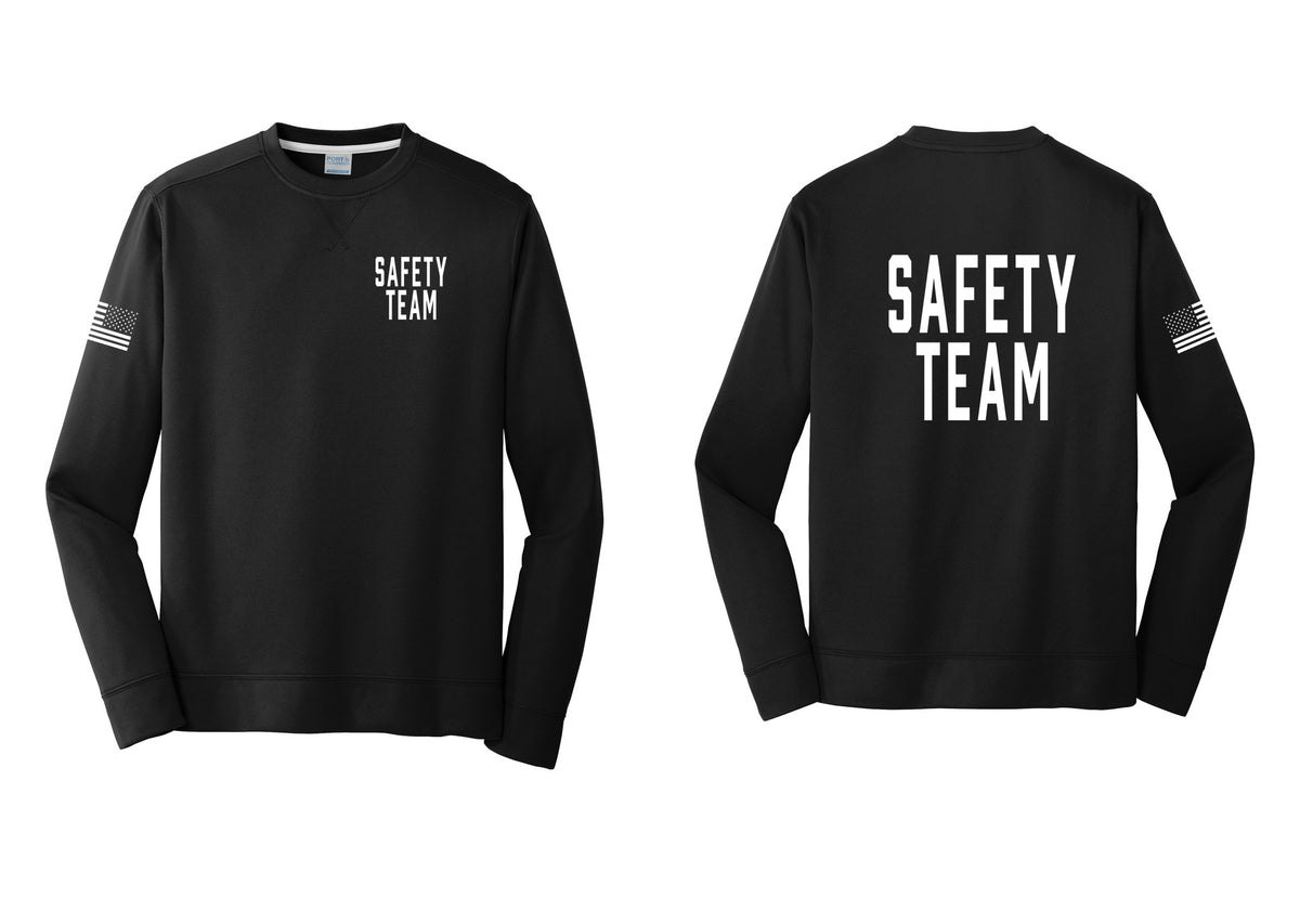 NYC Factory Safety Team Performance Fleece Crewneck Sweatshirt (Classic) - Chest + Back + US Flag Sleeve - Black