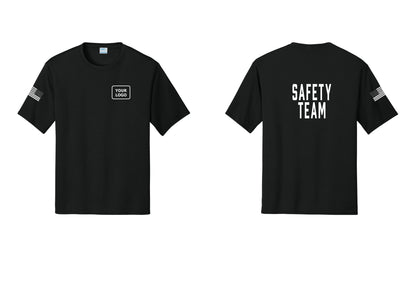 NYC Factory Custom Logo Safety Team Performance T-Shirt (Classic) - Your Logo + Back + US Flag Sleeve - Black