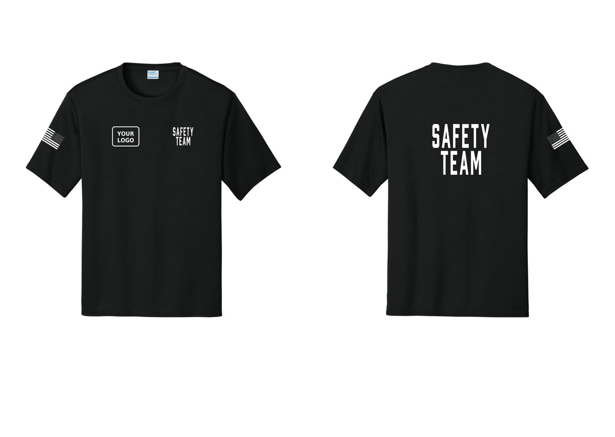 NYC Factory Custom Logo Safety Team Performance T-Shirt (Classic) - SAFETY TEAM + Your Logo + Back + US Flag Sleeve - Black