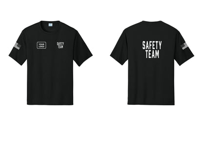 NYC Factory Custom Logo Safety Team Performance T-Shirt (Classic) - SAFETY TEAM + Your Logo + Back + US Flag Sleeve - Black