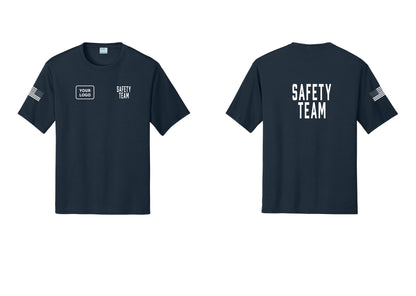 NYC Factory Custom Logo Safety Team Performance T-Shirt (Classic) - SAFETY TEAM + Your Logo + Back + US Flag Sleeve - Navy