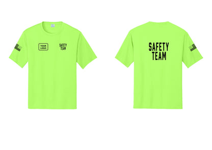 NYC Factory Custom Logo Safety Team Performance T-Shirt (Classic) - SAFETY TEAM + Your Logo + Back + US Flag Sleeve - Neon Green