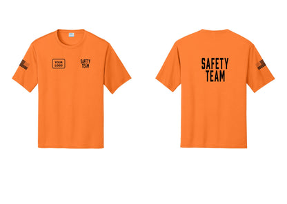 NYC Factory Custom Logo Safety Team Performance T-Shirt (Classic) - SAFETY TEAM + Your Logo + Back + US Flag Sleeve - Neon Orange