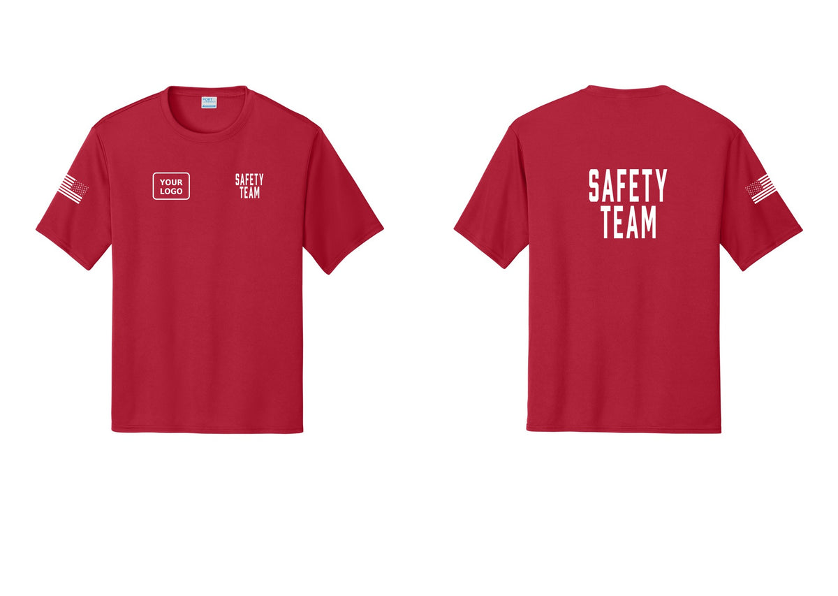 NYC Factory Custom Logo Safety Team Performance T-Shirt (Classic) - SAFETY TEAM + Your Logo + Back + US Flag Sleeve - Red