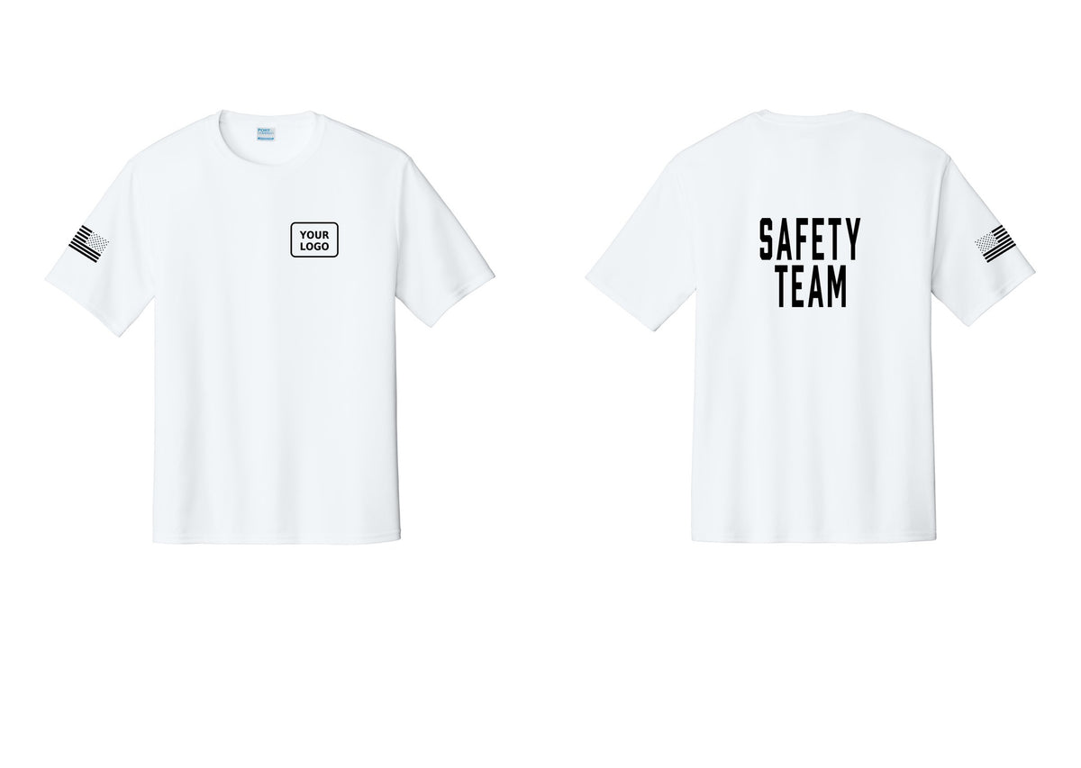 NYC Factory Custom Logo Safety Team Performance T-Shirt (Classic) - Your Logo + Back + US Flag Sleeve - White