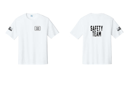 NYC Factory Custom Logo Safety Team Performance T-Shirt (Classic) - Your Logo + Back + US Flag Sleeve - White