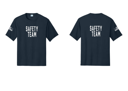 NYC Factory Safety Team Performance T-Shirt (Classic) - Front + Back + US Flag Sleeve - Navy
