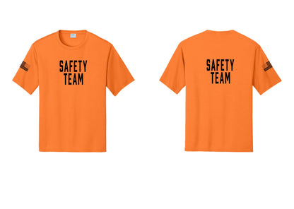 NYC Factory Safety Team Performance T-Shirt (Classic) - Front + Back + US Flag Sleeve - Neon Orange