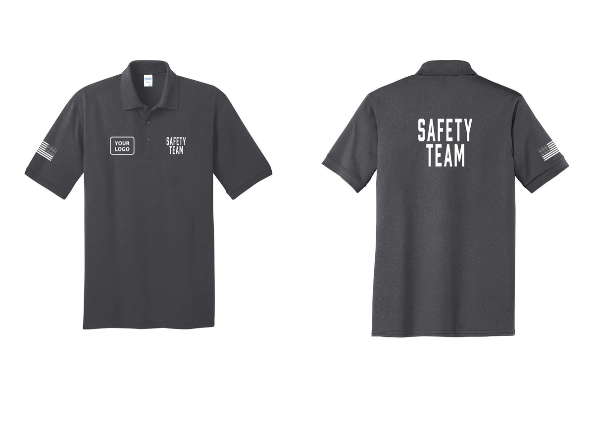 NYC Factory Custom Logo Safety Team Polo Shirt (Classic) - SAFETY TEAM + Your Logo + Back + US Flag Sleeve - Charcoal