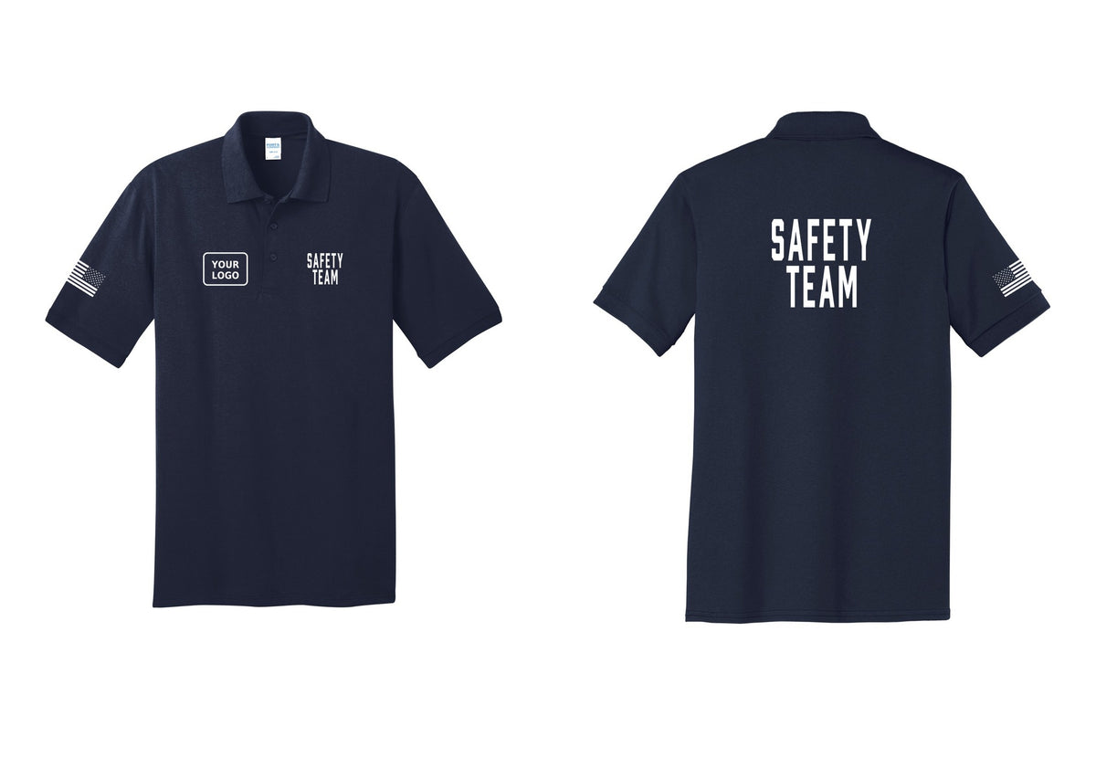 NYC Factory Custom Logo Safety Team Polo Shirt (Classic) - SAFETY TEAM + Your Logo + Back + US Flag Sleeve - Navy