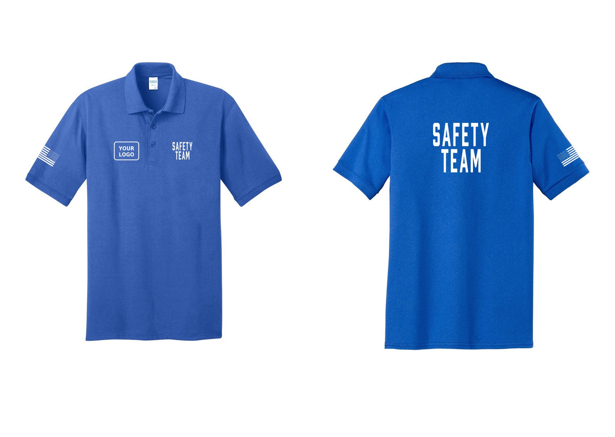 NYC Factory Custom Logo Safety Team Polo Shirt (Classic) - SAFETY TEAM + Your Logo + Back + US Flag Sleeve - Royal