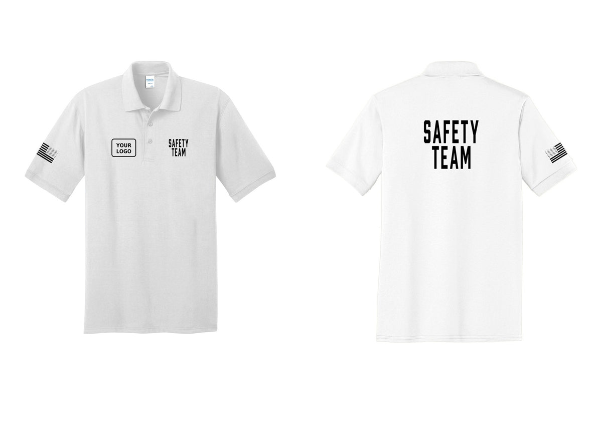 NYC Factory Custom Logo Safety Team Polo Shirt (Classic) - SAFETY TEAM + Your Logo + Back + US Flag Sleeve - White