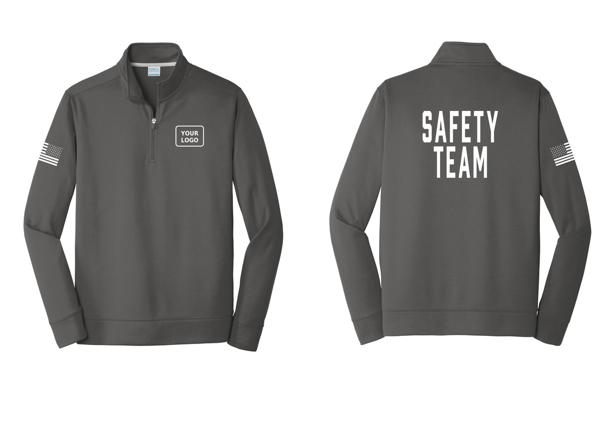 NYC Factory Custom Logo Safety Team Performance Fleece 1/4-Zip Pullover Sweatshirt (Classic) - Your Logo + Back + US Flag Sleeve - Charcoal