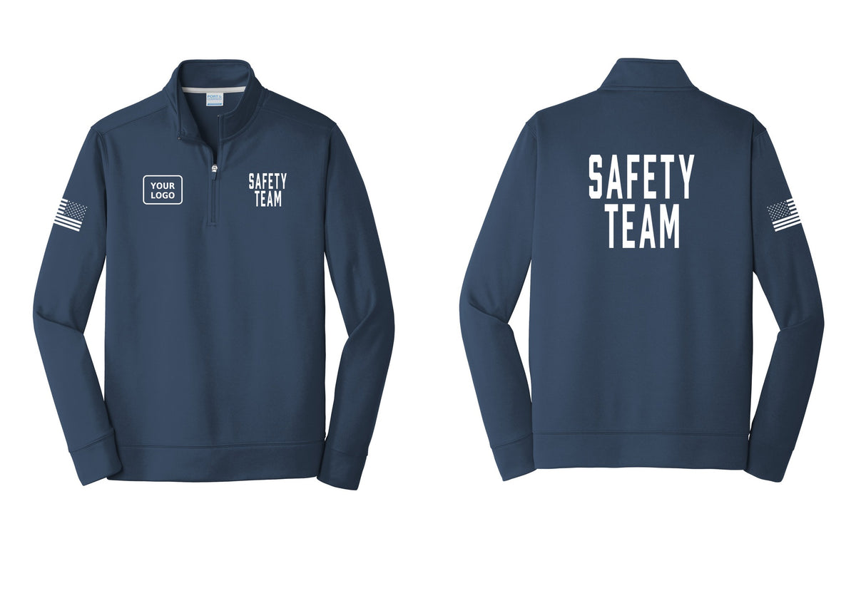 NYC Factory Custom Logo Safety Team Performance Fleece 1/4-Zip Pullover Sweatshirt (Classic) - SAFETY TEAM + Your Logo + Back + US Flag Sleeve - Navy