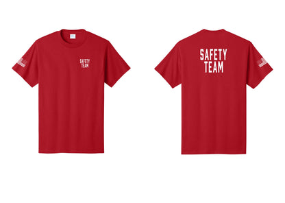 NYC Factory Safety Team T-Shirt for Events, Venues & Volunteers (Classic) - Chest + Back + US Flag Sleeve - Red