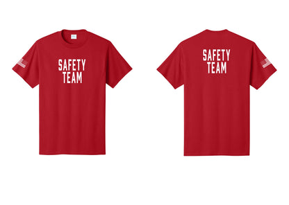 NYC Factory Safety Team T-Shirt for Events, Venues & Volunteers (Classic) - Front + Back + US Flag Sleeve - Red