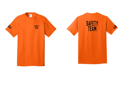NYC Factory Safety Team T-Shirt for Events, Venues & Volunteers (Classic) - Chest + Back + US Flag Sleeve - Safety Orange