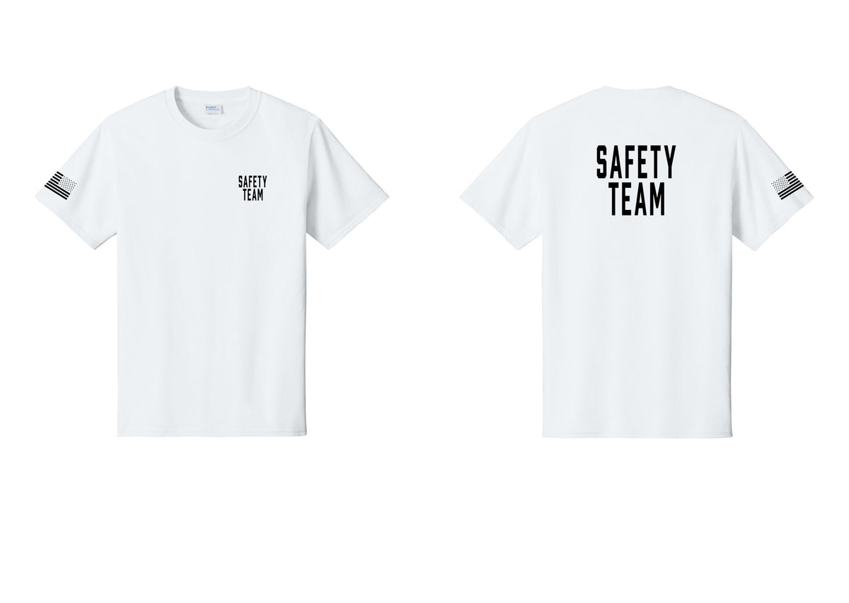 NYC Factory Safety Team T-Shirt for Events, Venues & Volunteers (Classic) - Chest + Back + US Flag Sleeve - White