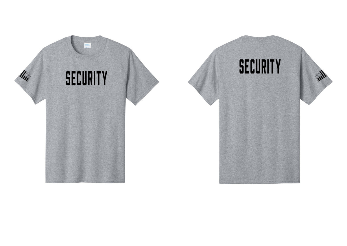 NYC Factory Security T-Shirt, Condensed Lettering - Front + Back + US Flag Sleeve - Athletic Heather