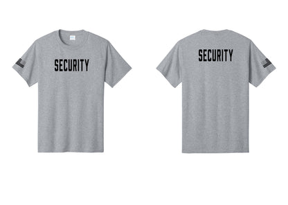 NYC Factory Security T-Shirt, Condensed Lettering - Front + Back + US Flag Sleeve - Athletic Heather