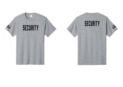 NYC Factory Unisex Security Black T-Shirt - Front + Back + US Flag Sleeve - Athletic Heather